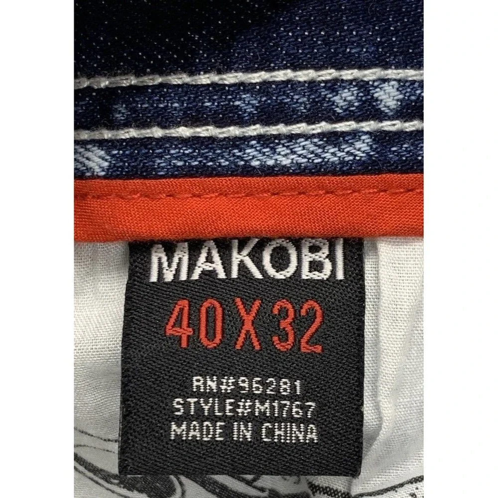 Makobi Denim Jeans Men's 40X32 Stonewash Moto Biker Factory Distressed Destroyed